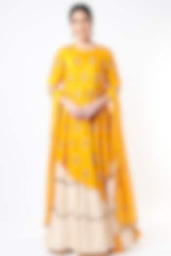 Mustard Embroidered Asymmetrical Tunic Set  by Shilpa Poddar at Pernia's Pop Up Shop