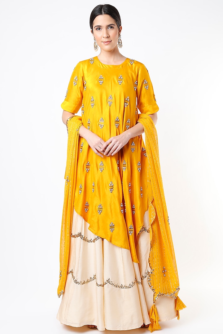 Mustard Embroidered Asymmetrical Tunic Set  by Shilpa Poddar at Pernia's Pop Up Shop