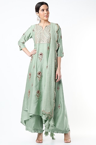 Mint Embroidered Asymmetrical Tunic Set by Shilpa Poddar