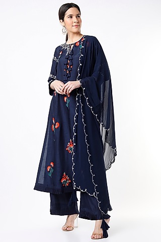 Dark Blue Embroidered Kurta Set by Shilpa Poddar