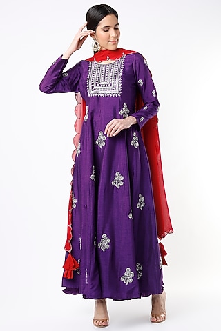 Violet Embroidered Anarkali Set by Shilpa Poddar