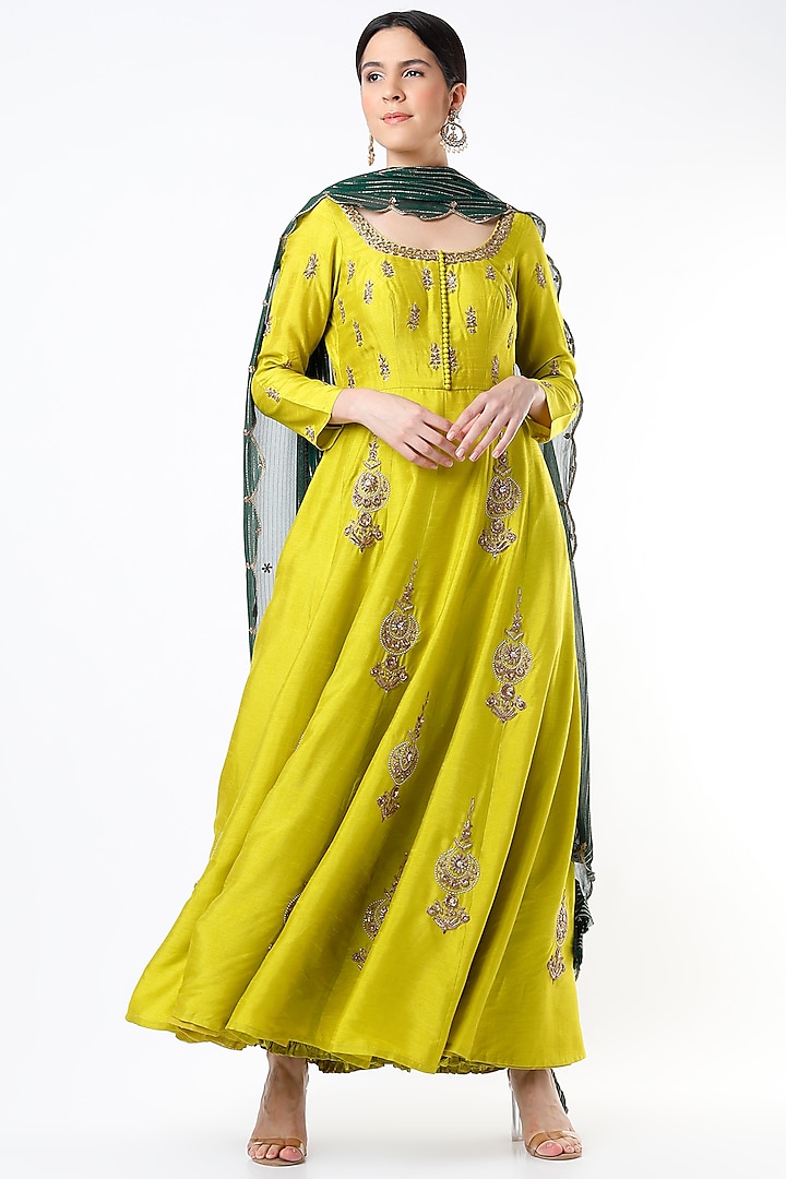 Lime Embroidered Anarkali Set by Shilpa Poddar