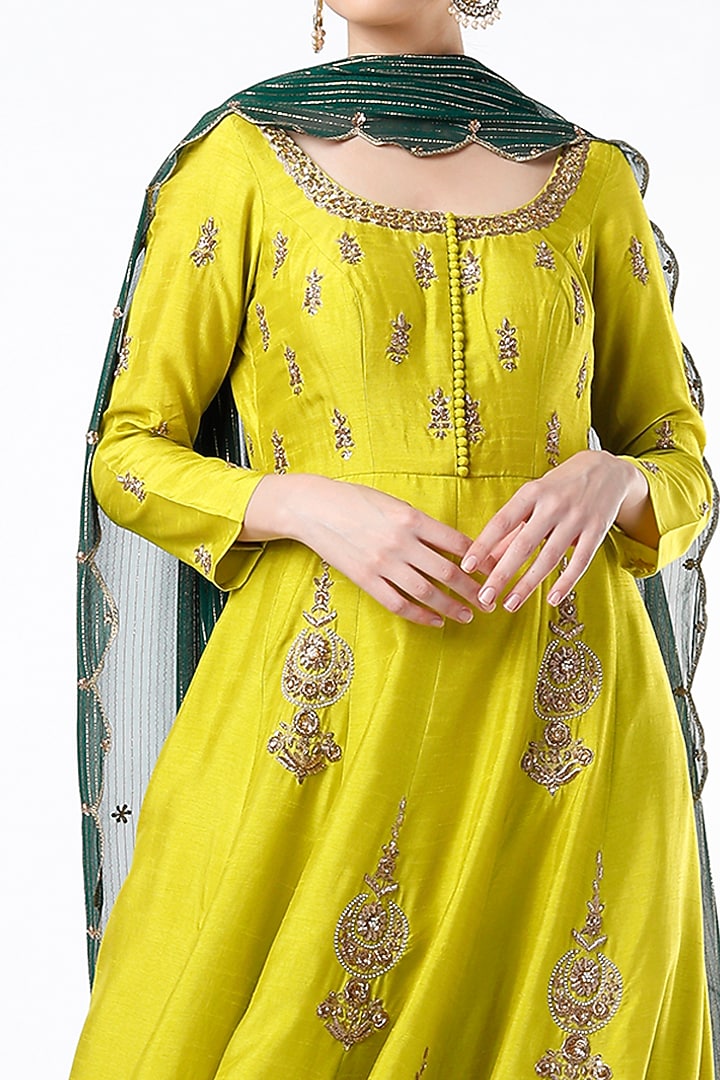Lime Embroidered Wedding Anarkali Set by Shilpa Poddar at Pernia's Pop Up Shop