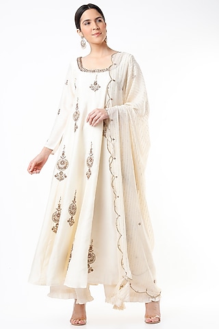 Light Beige Embroidered Anarkali Set by Shilpa Poddar