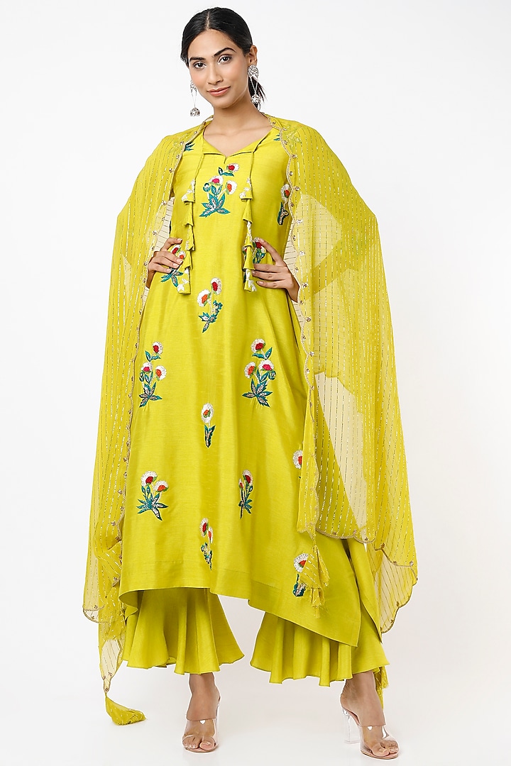 Lime Silk Embroidered Tunic Set by Shilpa Poddar