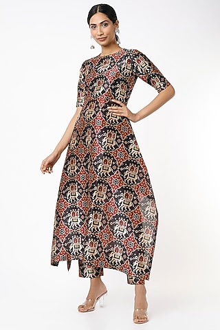 Black Silk Printed Tunic Set by Shilpa Poddar