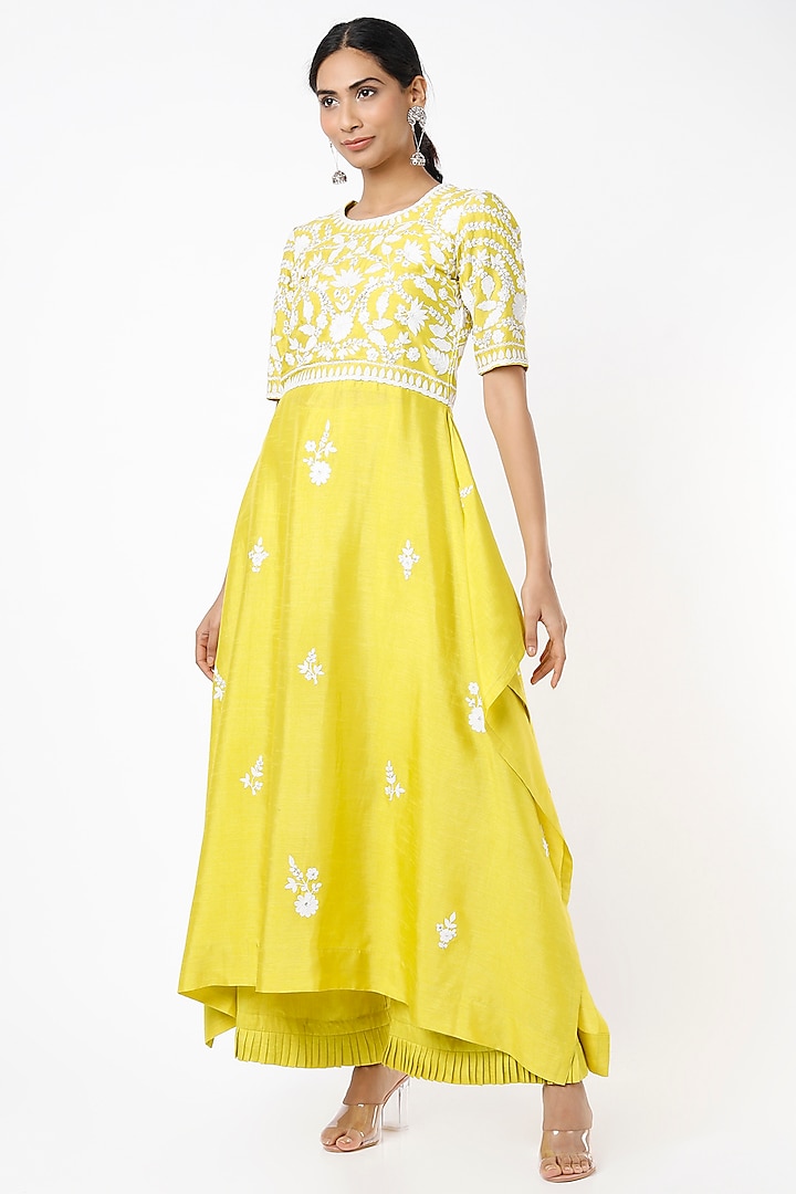 Yellow & White Embroidered Tunic Set by Shilpa Poddar