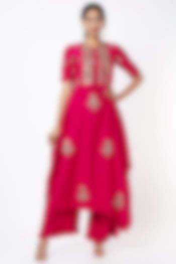 Red Silk Embroidered Tunic Set by Shilpa Poddar