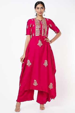 Red Silk Embroidered Tunic Set by Shilpa Poddar