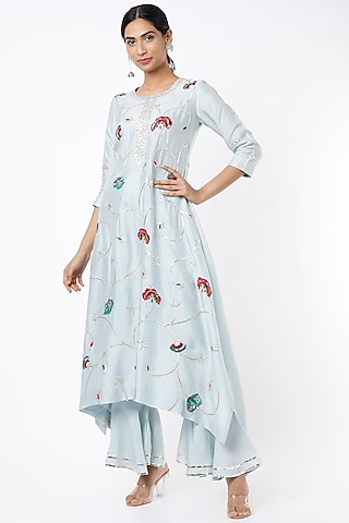 Powder Blue Silk Embroidered Tunic Set by Shilpa Poddar