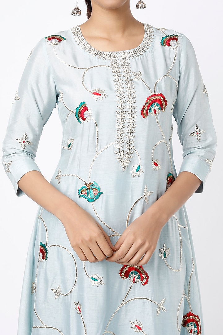 Powder Blue Silk Embroidered Tunic Set by Shilpa Poddar at Pernia's Pop Up Shop