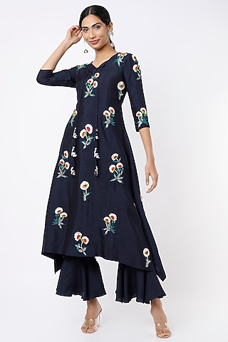 Midnight Blue Gota Embroidered Tunic Set by Shilpa Poddar