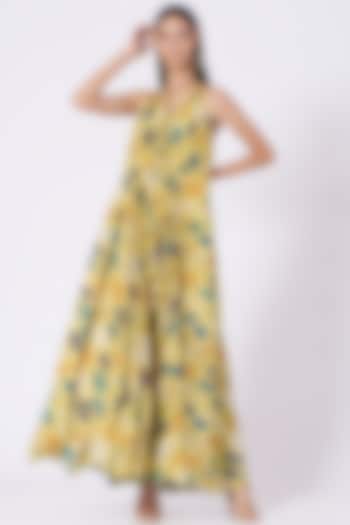 Pale Olive Green Floral Printed Maxi Dress by Shilpa Poddar