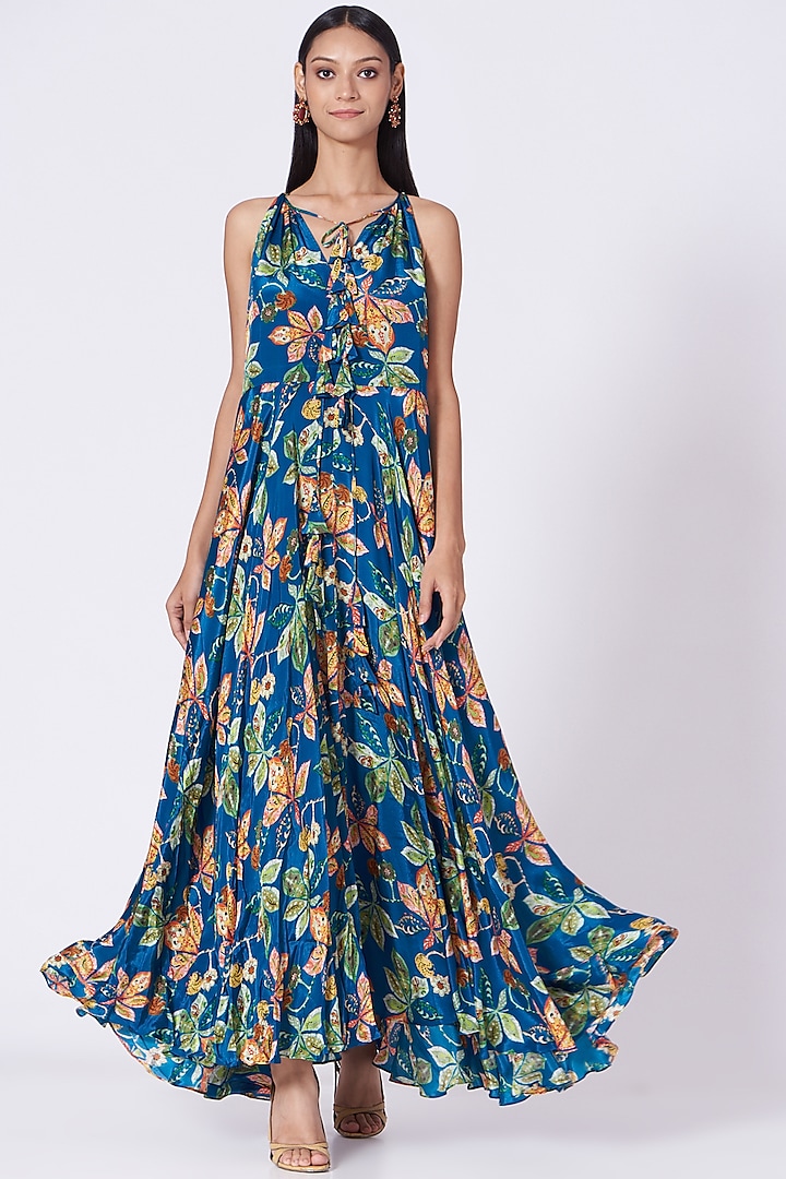 Bright Blue Floral Printed Maxi Dress by Shilpa Poddar