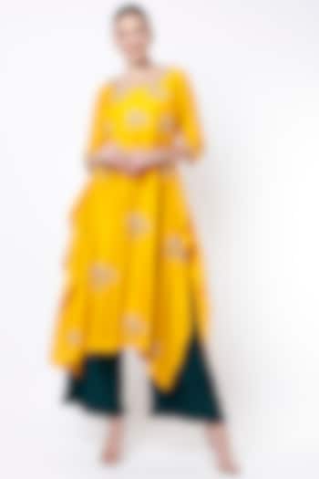 Citrus Yellow Silk Asymmetrical Tunic Set by Shilpa Poddar