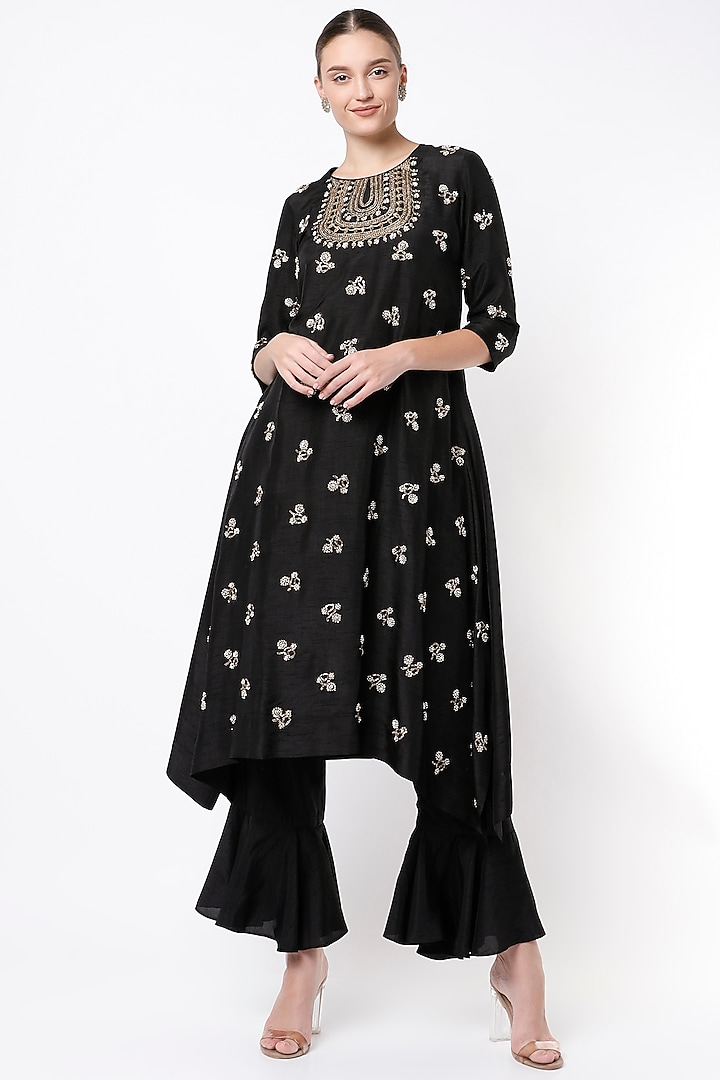 Black Silk Asymmetrical Tunic Set by Shilpa Poddar