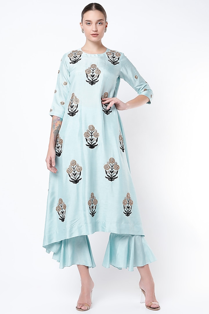 Powder Blue Embroidered Asymmetrical Tunic Set by Shilpa Poddar