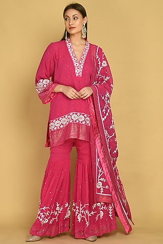 Fuchsia Embroidered Sharara Set by Shobha Rani
