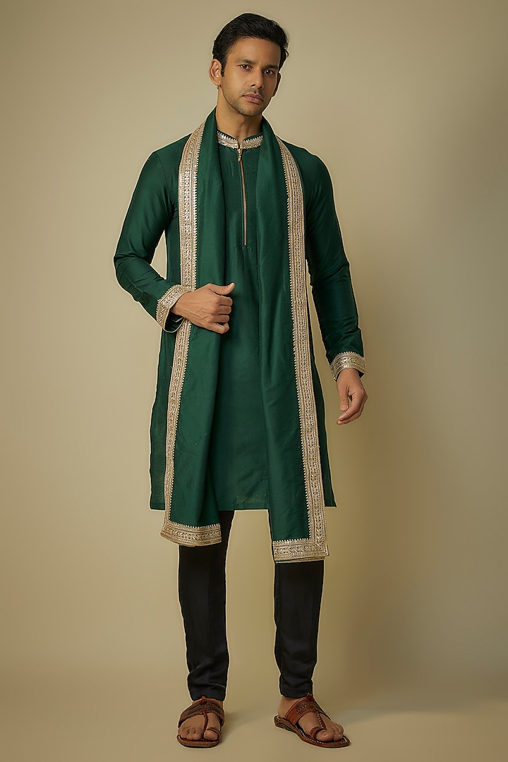 Emerald Green Poly Silk Zari Embroidered Kurta Set by sharad raghav men