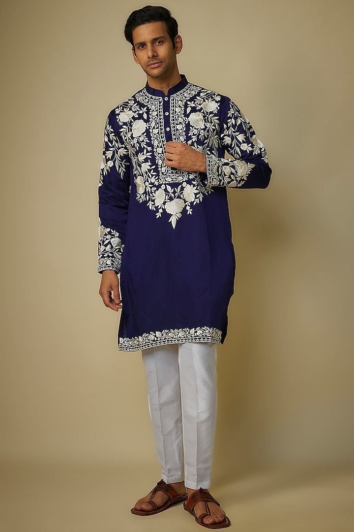 Blue Silk Resham & Kashmiri Embroidered Kurta Set by sharad raghav men at Pernia's Pop Up Shop