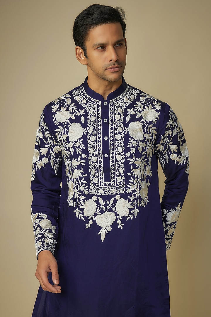 Blue Silk Resham & Kashmiri Embroidered Kurta Set by Sharad Raghav men at Pernia's Pop Up Shop