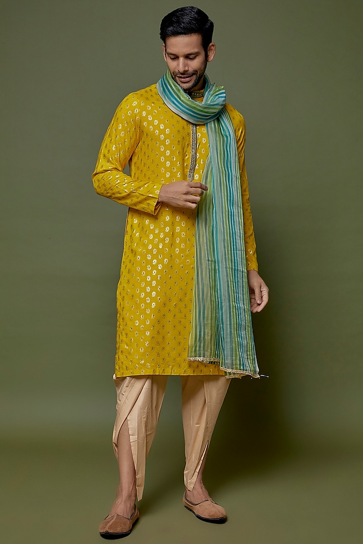 Yellow Slub Cotton Silk Printed & Embroidered Kurta Set by sharad raghav men