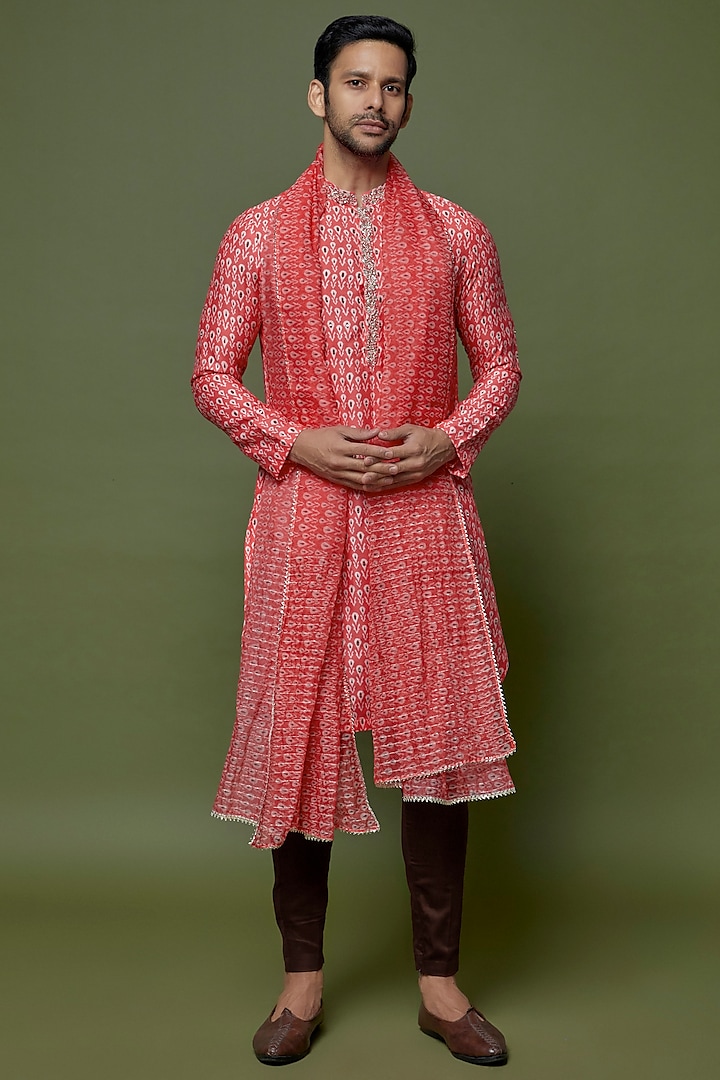 Pink Glaze Cotton Silk Printed & Embroidered Kurta Set by sharad raghav men