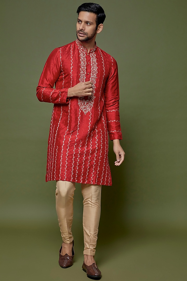 Red Dola Silk Embroidered Kurta Set by sharad raghav men