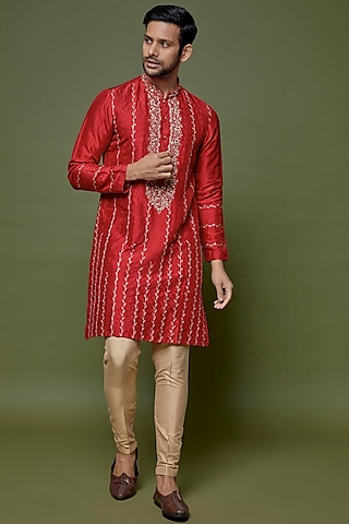 Red Dola Silk Aari Embroidered Kurta Set by sharad raghav men