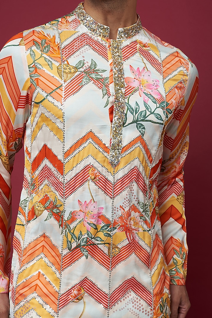 Ivory Glaze Cotton Silk Digital Printed & Sequins Embroidered Kurta Set by sharad raghav men at Pernia's Pop Up Shop