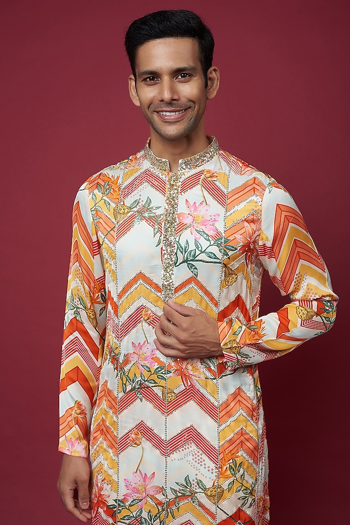 Ivory Glaze Cotton Silk Digital Printed & Sequins Embroidered Kurta Set by sharad raghav men at Pernia's Pop Up Shop