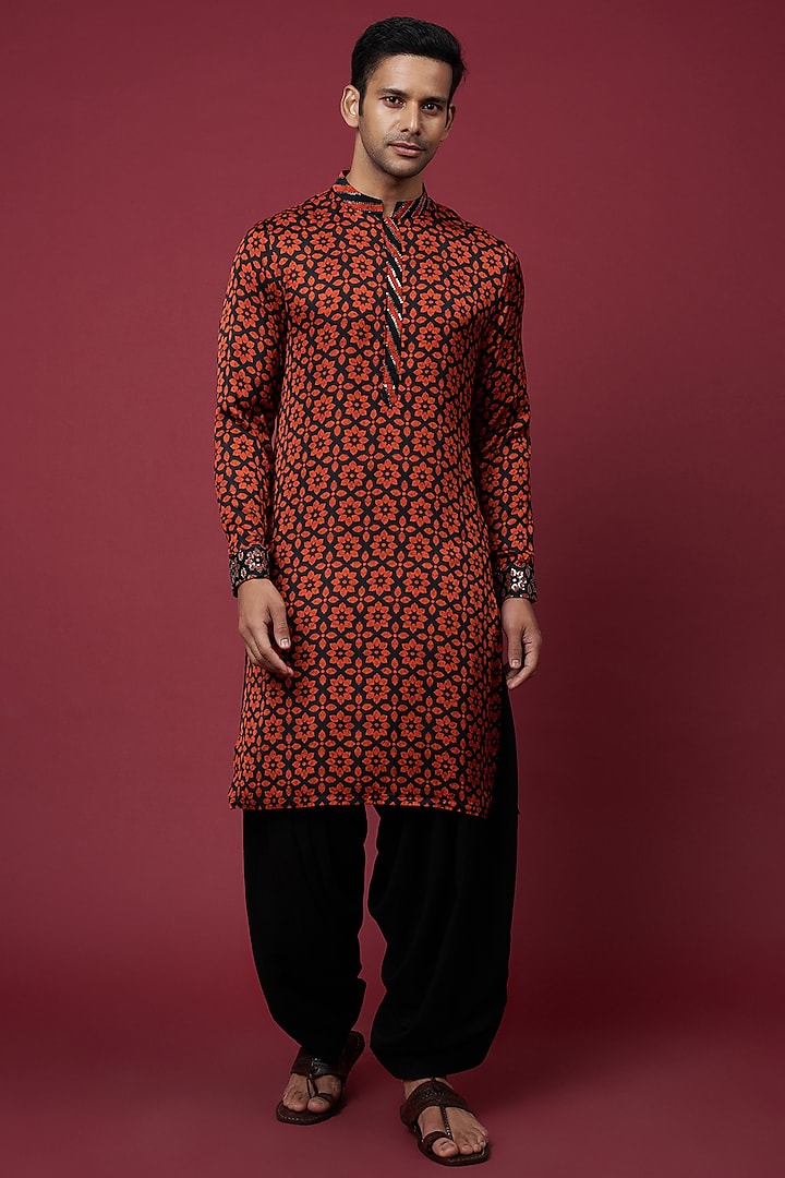 Black & Orange Glaze Cotton Silk Printed Kurta Set by sharad raghav men
