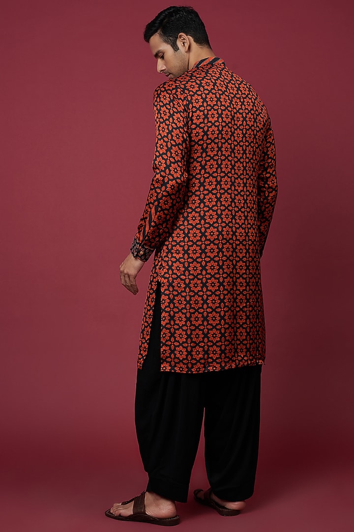 Black Orange Glaze Cotton Silk Printed Kurta Set by sharad