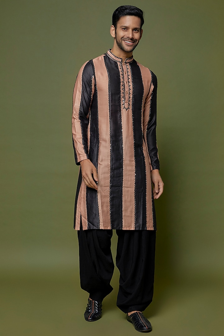 Black Glaze Cotton Silk Embroidered Kurta Set by sharad raghav men