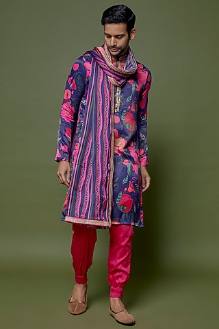 Blue Glaze Cotton Silk Printed & Embroidered Kurta Set by sharad raghav men