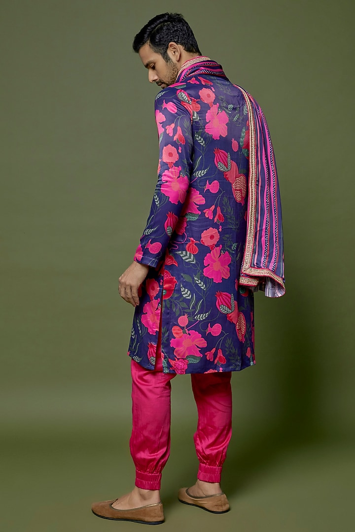 Blue Glaze Cotton Silk Printed & Embroidered Kurta Set by sharad raghav men at Pernia's Pop Up Shop