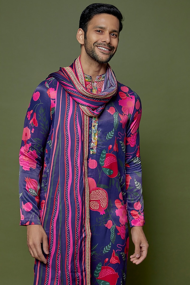 Blue Glaze Cotton Silk Printed & Embroidered Kurta Set by sharad raghav men at Pernia's Pop Up Shop