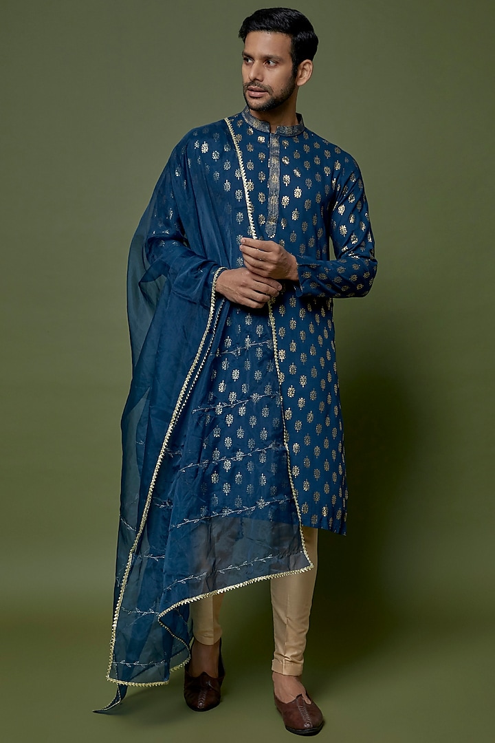 Teal Blue Slub Cotton Silk Printed Kurta Set by sharad raghav men