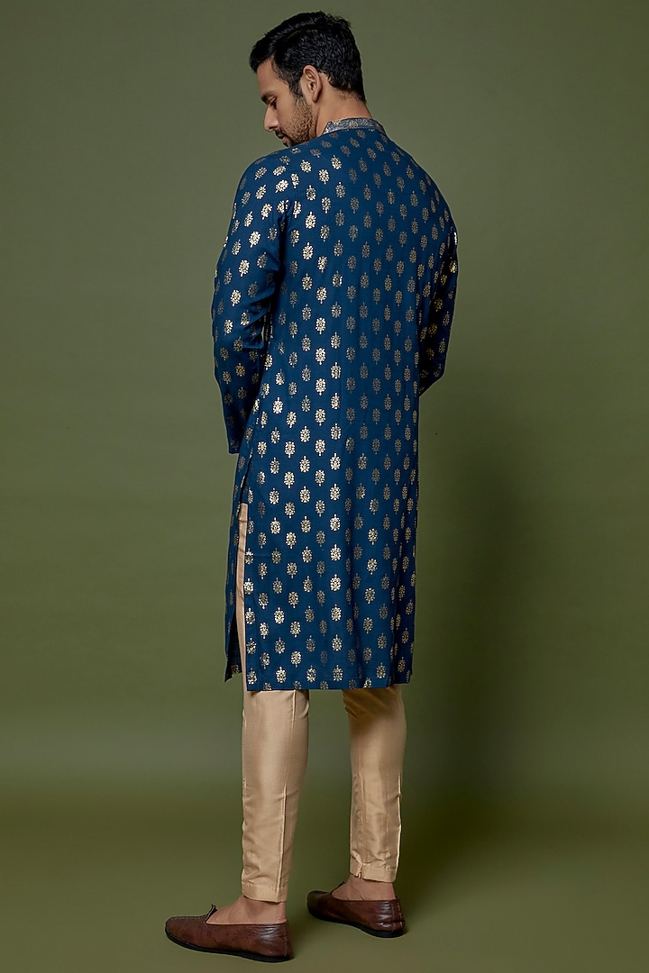 Teal Blue Slub Cotton Silk Printed Kurta Set by sharad raghav men at Pernia's Pop Up Shop