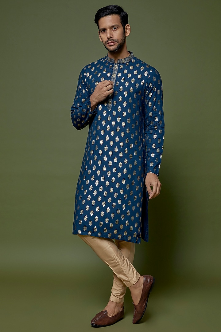 Teal Blue Slub Cotton Silk Printed Kurta Set by sharad raghav men at Pernia's Pop Up Shop