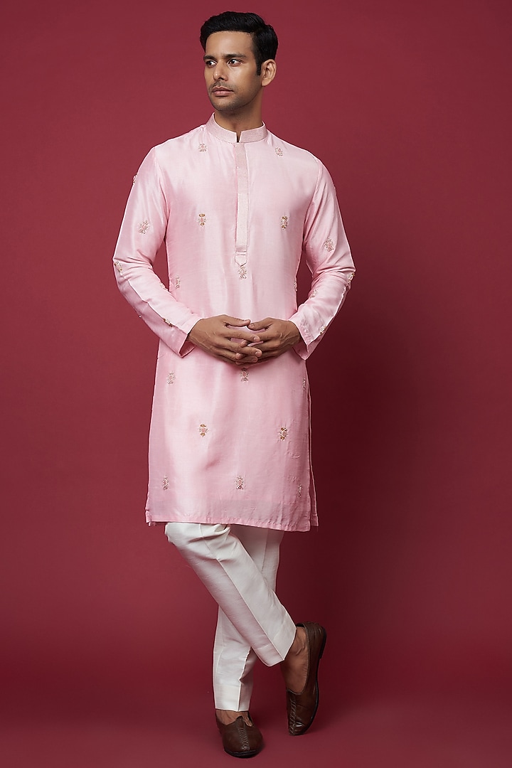 Pink Dola Silk Hand Embroidered Kurta Set by sharad raghav men