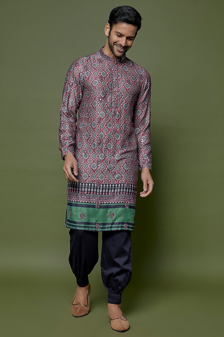 Blue Glaze Cotton Silk Printed & Embroidered Kurta Set by sharad raghav men