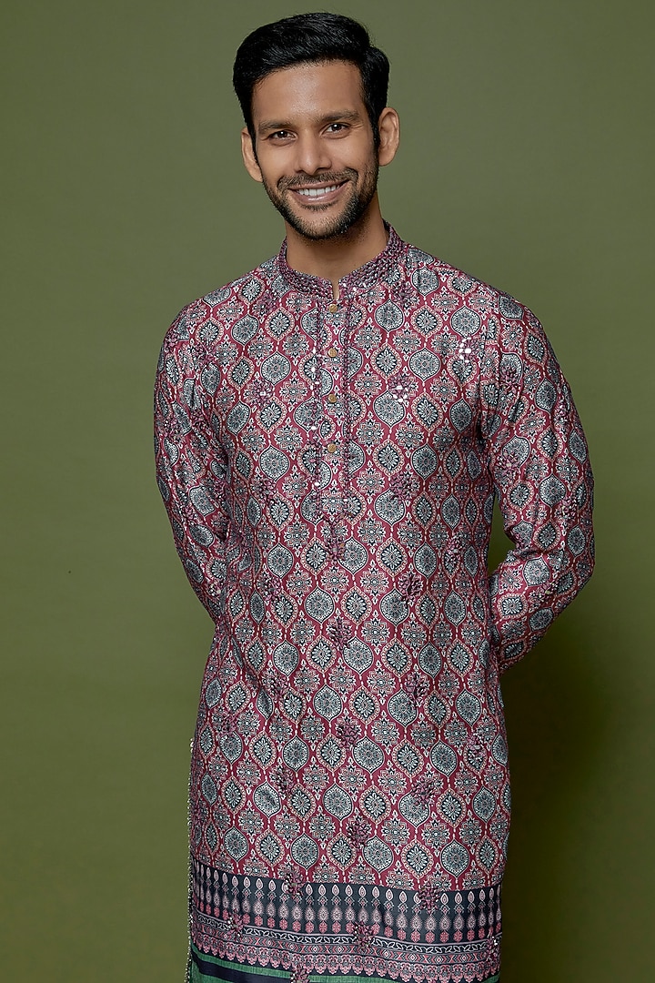 Blue Glaze Cotton Silk Printed & Embroidered Kurta Set by sharad raghav men at Pernia's Pop Up Shop