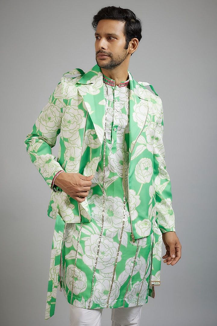 Mint Green Modal Silk Digital Printed Bomber Jacket Set by sharad raghav men at Pernia's Pop Up Shop