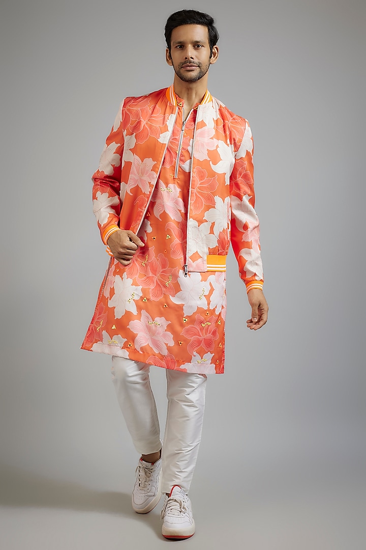 Orange Modal Silk Digital Printed Bomber Jacket Set by sharad raghav men