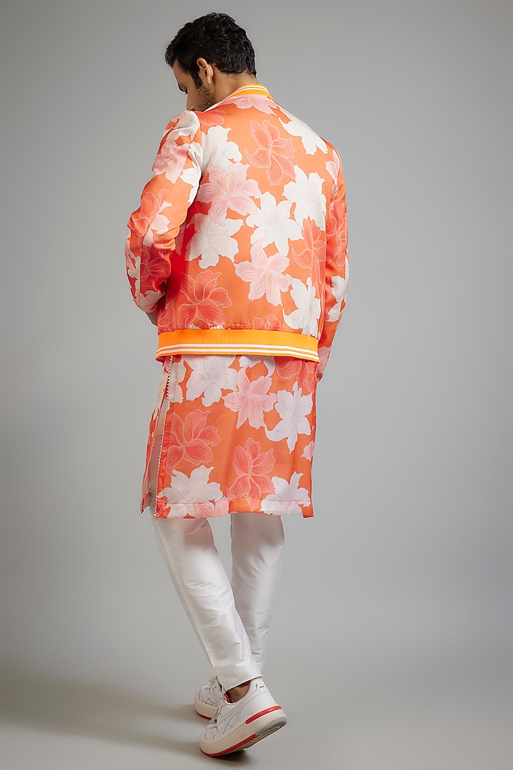 Orange Modal Silk Digital Printed Bomber Jacket Set by sharad raghav men at Pernia's Pop Up Shop