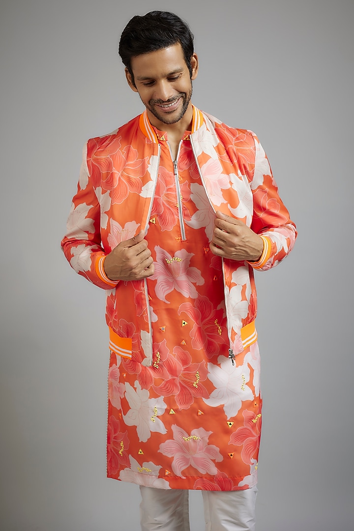 Orange Modal Silk Digital Printed Bomber Jacket Set by sharad raghav men at Pernia's Pop Up Shop