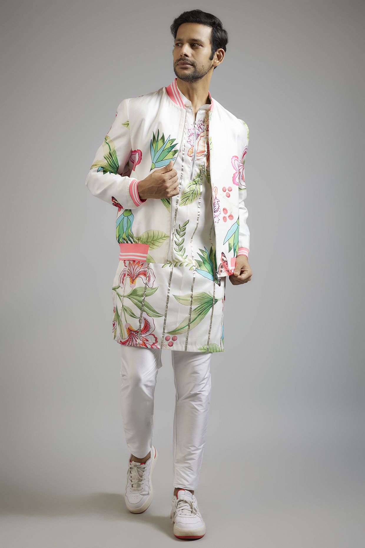White Modal Silk Digital Printed Bomber Jacket Set by sharad raghav men at Pernia's Pop Up Shop
