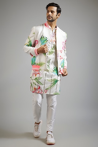 Orange Modal Silk Digital Printed Bomber Jacket Set by sharad raghav men