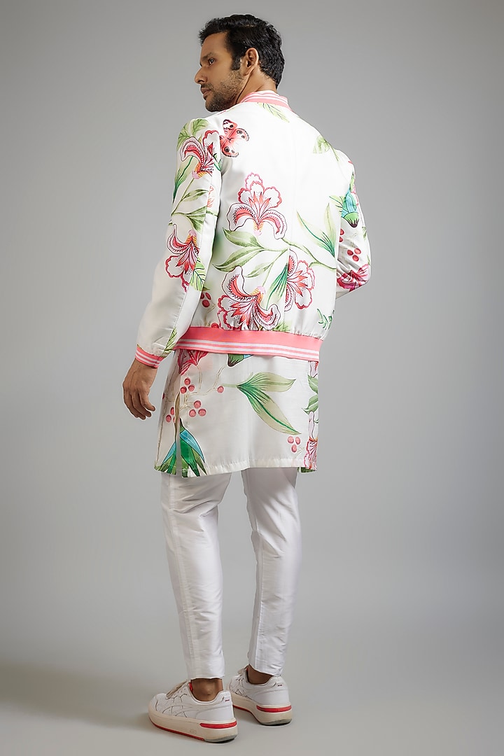 Orange Modal Silk Digital Printed Bomber Jacket Set by sharad raghav men at Pernia's Pop Up Shop